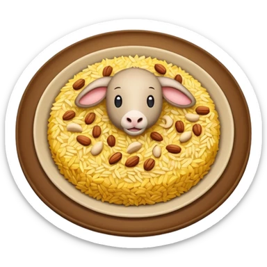 "Emoji of a Jordanian Mansaf dish — round platter with golden rice, lamb pieces, nuts on top, simple cute cartoon style, clean lines, white or transparent background." sticker