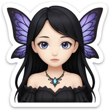 Gothic anime fairy with long beautiful black hair and black dress, pastelcore, sticker