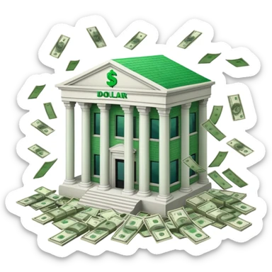 A bank building with dollar bills falling out of it sticker