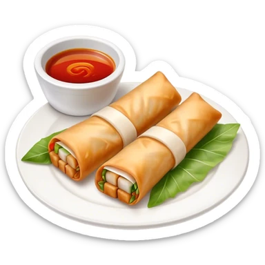 Spring Rolls Cinematic Realistic Spring Rolls Dish Emoji, depicted as 2 perfectly crisp spring rolls served with dipping sauce, rendered with lifelike textures and dynamic, appetizing lighting. sticker