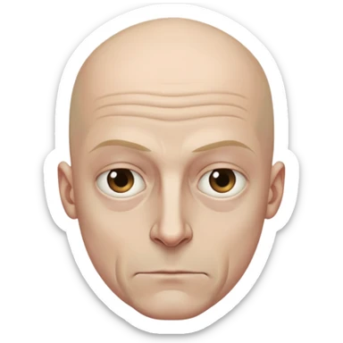 Steven Miller, bald, very grim expression, very narrow face, pronounced sagging eyelids lower on outer sides, bottom lip sticking out sticker