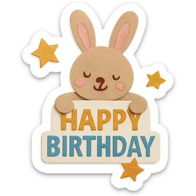 bunny hugging "Happy Birthday" letters with stars, paper-craft style sticker