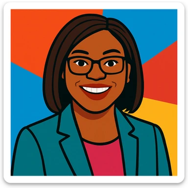 Kemi Badenoch, smiling, wearing a blazer, vibrant toon style sticker