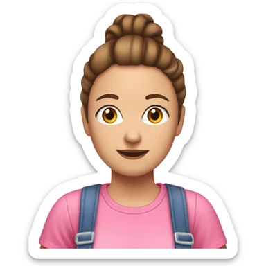 A white woman with brown hair in pony tail wearing pink headband, pink t shirt and overalls  sticker