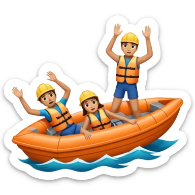 a boat sinking, upside down, with 2 people sitting on top trying to stay afloat. sticker