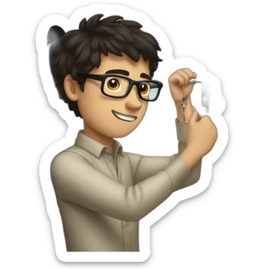 dark-haired young man with glasses struggling to fit a key into a lock sticker