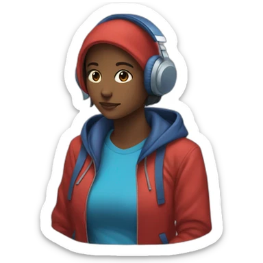 Lo-fi girl studing headphones, blue jacket, red hoodie sticker