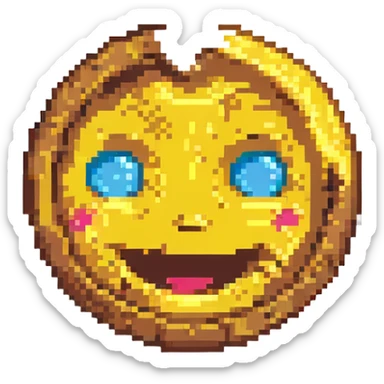 a cracked or damaged emoji face, laughing joyfully, pixel art style sticker