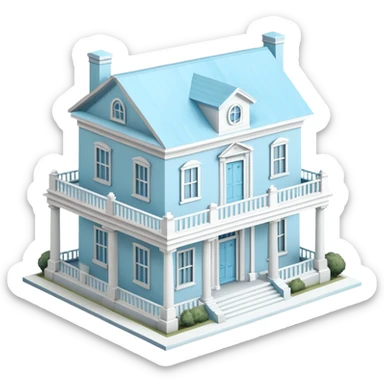 Light blue sorority house mansion, southern, isometric dollhouse-style, realistic sticker