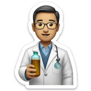 asian scientist experemintator with bottle in hands sticker