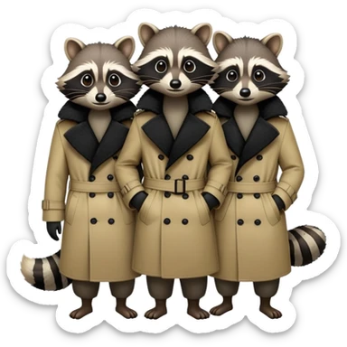 Three raccoons standing on top of eachother within one trench coat sticker