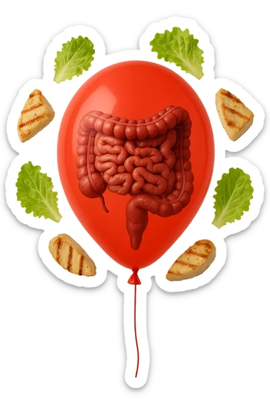 intestino anatomico realistico chiuso in un palloncino rosso e foglie di insalata e petto di pollo grigliato che fluttuano intorno sticker