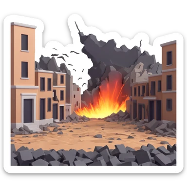 An earthquake shaking the ground, with cracked earth, falling buildings, and people in panic sticker
