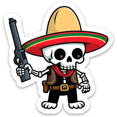 skull wearing mexican hat with a gun sticker