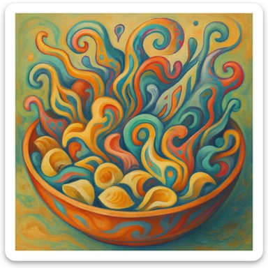 a surrealist interpretation of a bowl of orecchiette, with pasta morphing into abstract forms, playful and imaginative sticker