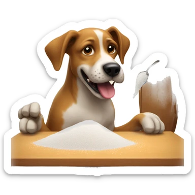 A dog licking salt from table sticker