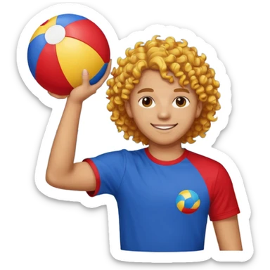 una persona de 18 años marron clarito con el pelo amrillo rizado con una camiseta roja y azul con un logo circular dorado y levantando un balon de playa sticker