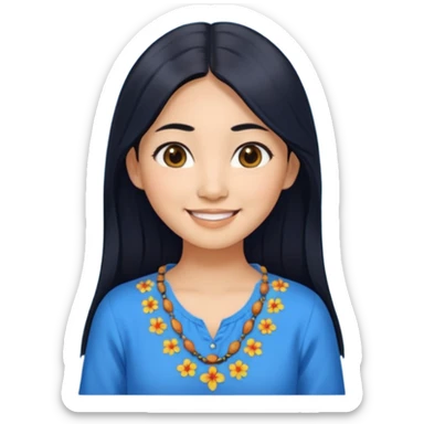 30 yr old asian woman center parted hair big eyes big smile tanned skin straight black hair hippie part hair blue blouse sticker