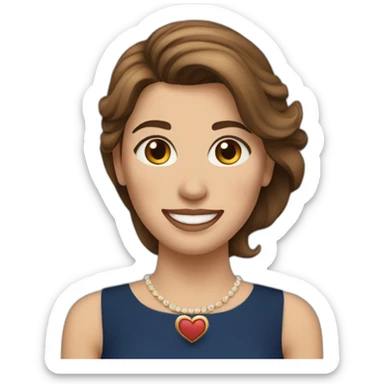 A white woman with brown hair, ыshows a heart by hands and smiles, wearing a dark blue dress, and long earrings sticker