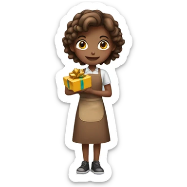 girl in brown apron with gift sticker
