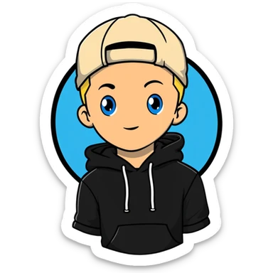 young man with short blonde hair, blue eyes, light skin, dark cap, dark hoodie over a "SAVAGE" t-shirt, white outline sticker effect sticker