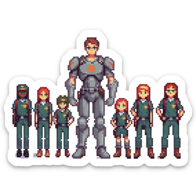 group of confident students standing tall, looking heroic sticker