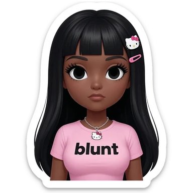 Long giant lashes, my melody hairclip, Doll faced shaped, hello kitty necklace, bimbo, black doll eyes, barbie, dark brown skin with long black hair, light pink bimbo shirt says "blunt" , big breast sticker