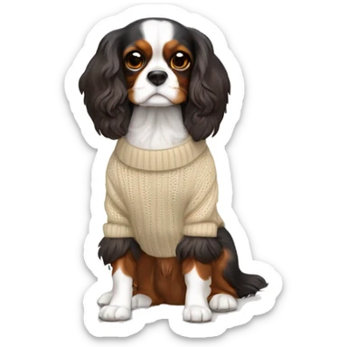  King Charles Cavalier Spaniel tricolor with a beige winter sweater sticker
