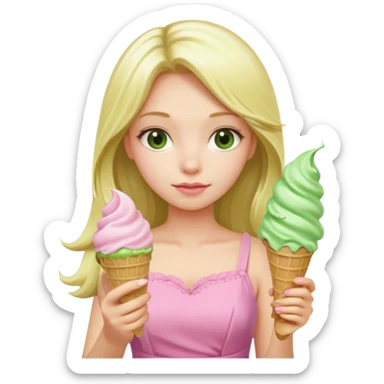 girl blonde long hair in pink dress,  holding matcha ice cream sticker