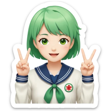 Energetic anime girl with short green hair wearing Japanese sailor style school uniform, winking and making double peace signs, very cheerful and bubbly, kawaii style sticker
