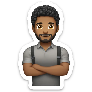 men holding his computer in hands. light brown skin men with curly black hair, dark brown eyes, little grown beard. little bit muscular. dressed casual. round face. sticker