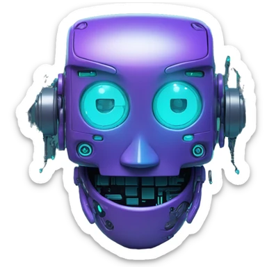 Smily face robotic scanning device, cyberpunk, cyan and purple colors, friendly, futuristic, binary code sticker