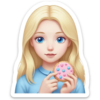 Blonde girl with pale skin and blue eyes and long hair with a light pink cookie sticker