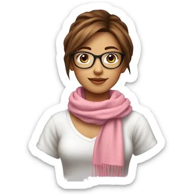 Girl drink coffee in white cup with brown hair and glasses white t shirt and scarf pink sticker