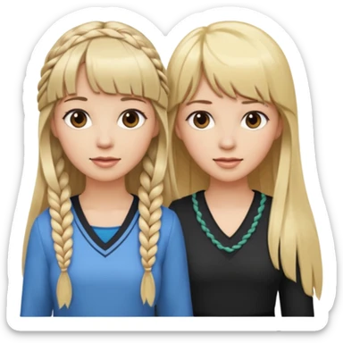 Woman very long flowing blonde hair With BANGS standing next to woman DARK BROWN HAIR with BANGS ONE BRAID on one side.   sticker