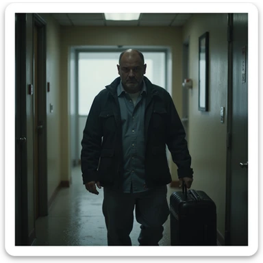 man leaving a rehab center, serious look and slumped shoulders, suitcase in hand, light rain, atmosphere of rebirth but also struggle, hyperrealistic 4K details sticker