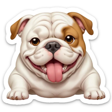 Cinematic Cute Yawning White English Bulldog Portrait Emoji, Head tilted slightly with a dramatic, wide-open yawn, showcasing a smooth, pristine white coat, floppy ears slightly drooping, round brown eyes barely open in drowsy contentment, Simplified yet irresistibly adorable features, highly detailed, glowing with a soft, cozy glow, high shine, relaxed yet expressive, stylized with a touch of whimsy, bright and endearing, soft glowing outline, capturing the essence of a sleepy yet affectionate guardian, so drowsy it feels like it could stretch out of the screen and curl up for a nap! sticker