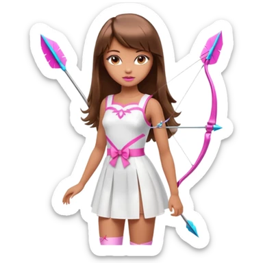 Hada sexy cupido pequeña  de cabello largo lacio castaño con flequillo y ojos cafés  vestida con algo sensual corto color blanco o rojo arco delgado con un color que combinen   y flechas  igual delgadas  que combinen y labios rosas tipo Barbie pero en hada cupido de cuerpo completo ojos sexys  sticker