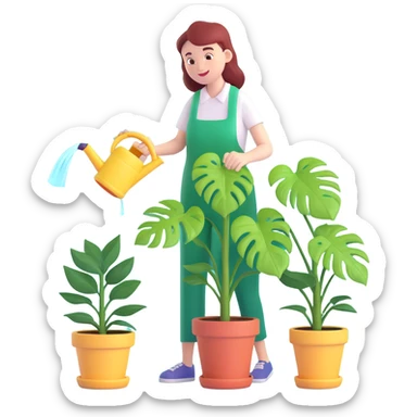 woman watering her monstera plant sticker