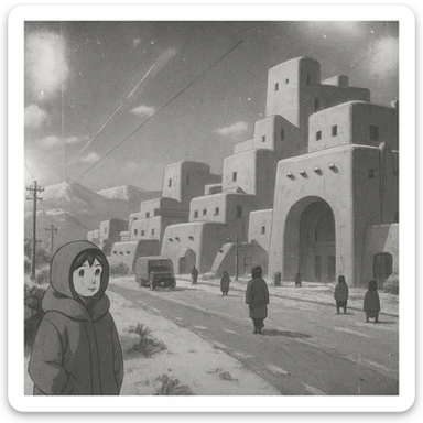 8mm film black and white, no color, light leaks. the image shows post-war reconstruction-era life in the z'rian commonwealth capital region, santa-fe neo-adobe futuristic architechture. arctic temperate region sticker