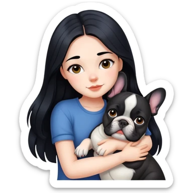 beautiful girl with long black hair hugs a French bulldog sticker