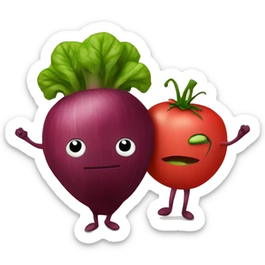 A beetroot with little arms and a tomato with little arms, both holding hands like friends sticker