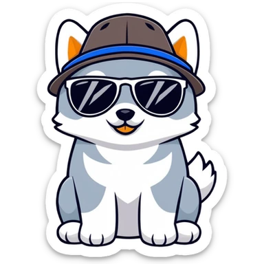 Husky dog wearing black sunglasses and a hat with duck pattern sticker