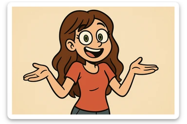cartoon girl with long brown wavy hair, green eyes, shrugging, cheerful expression, upper body, simple background sticker