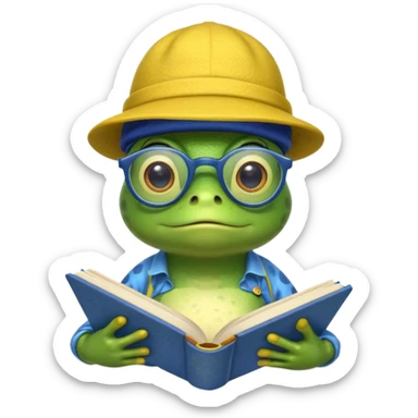 frog wearing yellow hat with glasses and blue book sticker