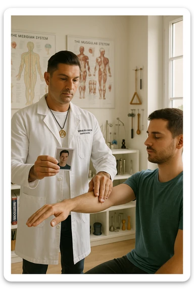 a middle-aged man, dressed in casual professional attire, is in a bright, organized therapy studio. Durante una visita di kinesiologia, il ragazzo tiene con una mano la foto di una persona lontana (il “testimone”) tiene la foto in mano, mentre con l’altra mano esegue un test muscolare su un cliente presente senza foto. Sullo sfondo si vedono libri di kinesiologia, poster anatomici e strumenti tipici della disciplina. L’atmosfera è concentrata e serena, con luce naturale che entra dalla finestra, sottolineando l’aspetto alternativo e umano della pratica. sticker
