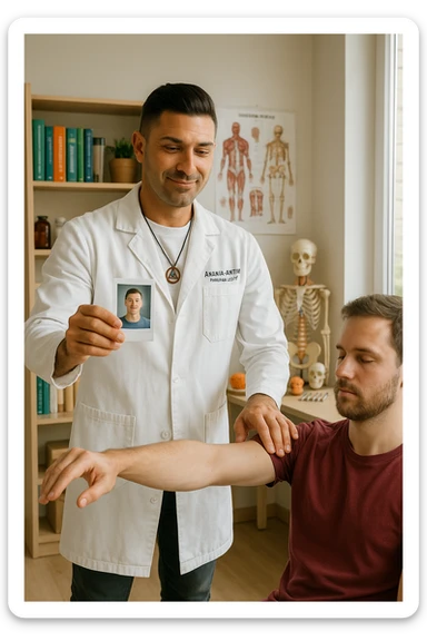 a middle-aged man, dressed in casual professional attire, is in a bright, organized therapy studio. Durante una visita di kinesiologia, il testimone tiene con una mano la foto di una persona lontana (il “testimone”) tiene la foto in mano, mentre con l’altra mano esegue un test muscolare su un cliente presente. Sullo sfondo si vedono libri di kinesiologia, poster anatomici e strumenti tipici della disciplina. L’atmosfera è concentrata e serena, con luce naturale che entra dalla finestra, sottolineando l’aspetto alternativo e umano della pratica. sticker