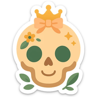 A cute, stylized skull with a friendly and whimsical vibe, designed in a soft and magical color palette: golden orange (FA9B41), forest green (4A7C5C), muted taupe brown (96775A), and pastel peach (FFCC9A). The skull has rounded, non-threatening features with expressive, oversized eye sockets and a gentle smile. It’s adorned with delicate floral patterns or tiny stars in the given colors, and perhaps a small crown or ribbon in peachy hues. The background is soft and glowing, creating a cozy, enchanting atmosphere. The overall mood is cute, calm, and a little bit magical. sticker