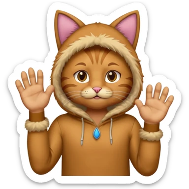 A man wearing cat clothes  and showing his paws sticker