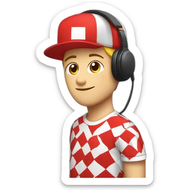 White Streamer wearing a back cap and red headphone with a shirt black and red squares sticker